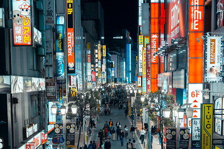 霓虹灯字体母摄影照片_日本城市街道繁华夜景摄影图