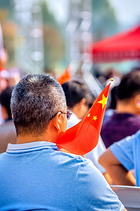 喜迎中国欢度国庆摄影照片_人物国旗和树木