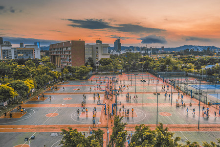 学校里打篮球的人摄影图