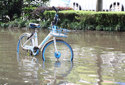洪水洪涝淹没城市街道绿化带摄影图