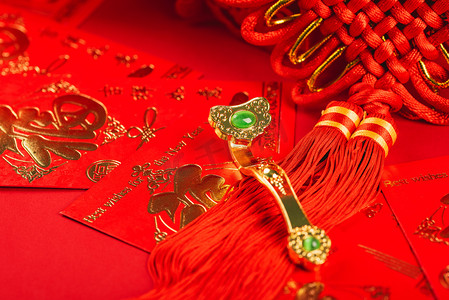红色春节背景素材金色如意摄影图