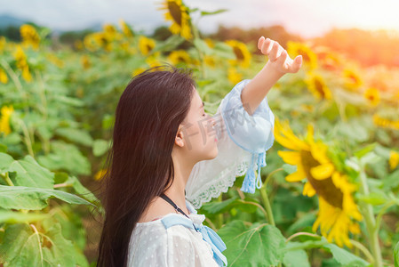 春背景摄影照片_阳光下向日葵美女