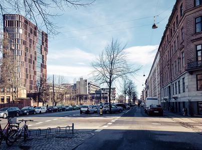 欧美建筑摄影照片_丹麦冬日街景和枯树摄影图