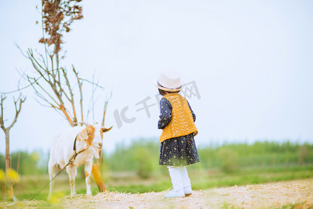 小女孩和小羊摄影图