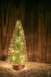 挂彩灯的小圣诞树摄影图