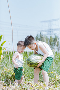 夏儿童摄影照片_摘西瓜的农家小男孩