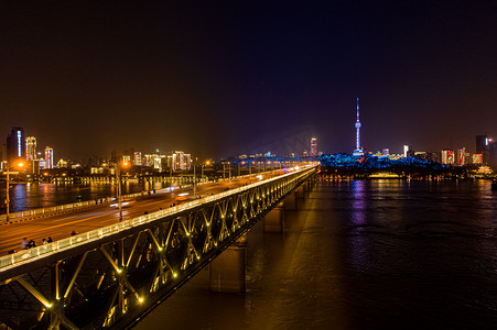 武汉长江大桥夜景大气航拍实拍图摄影图