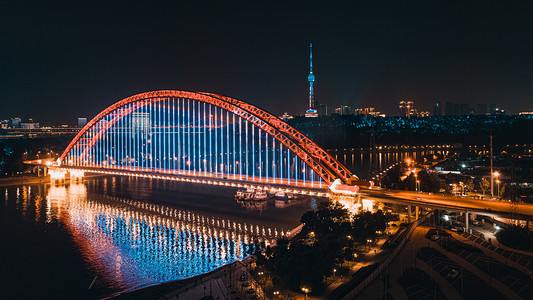 武汉晴川桥大气航拍夜景实拍摄影图