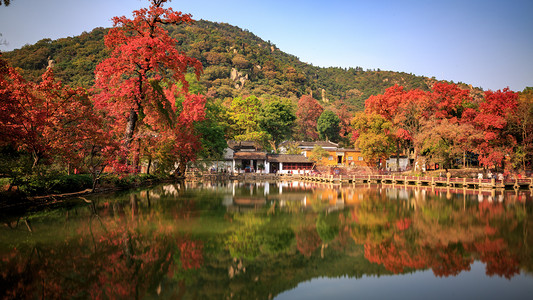 枫叶摄影照片_秋天天平山树木水面摄影图