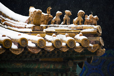堆雪人下雪插画摄影照片_下雪的故宫神兽屋檐