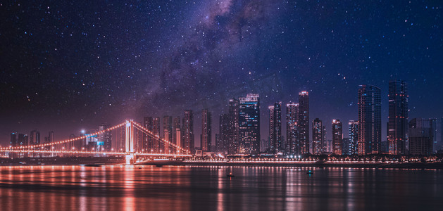 图星空摄影照片_武汉城市建筑鹦鹉洲长江大桥夜景摄影图