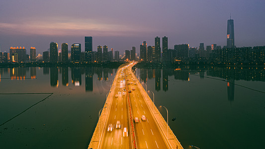 武汉城市建筑沙湖大桥夜景航拍摄影图