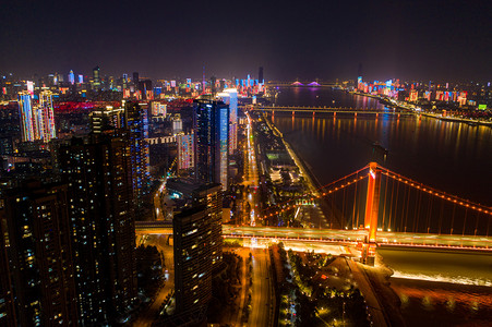 武汉城市建筑鹦鹉洲大桥桥头夜景航拍摄影图