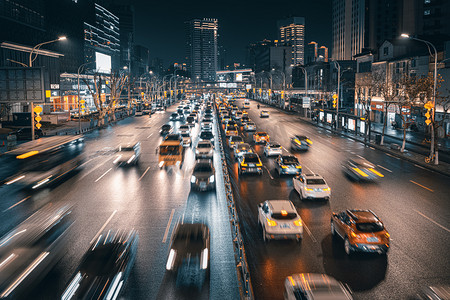 武汉城市街道香港路夜景车流摄影图