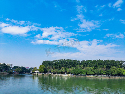 江水中午树木森林蓝天 白云摄影图配图