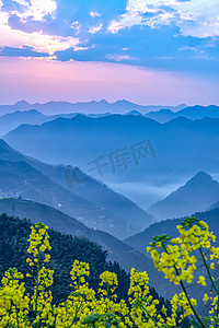 春天鲜花摄影照片_山区早晨油菜花山上无摄影图配图