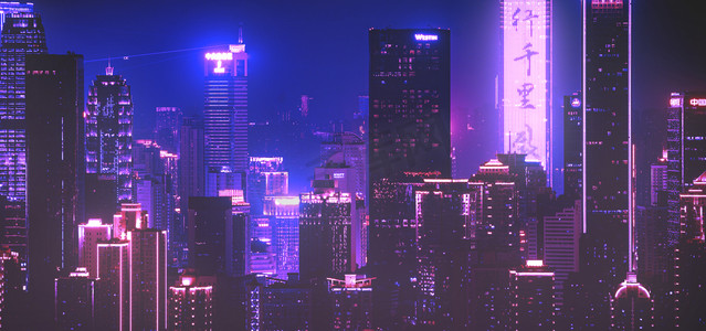 炫酷蓝紫色摄影照片_赛博朋克城市紫色