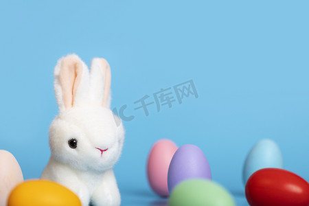 复活节节日彩蛋兔子蓝色背景静物摄影图配图