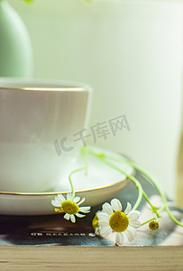 小春季摄影照片_洋甘菊和咖啡早晨洋甘菊咖啡窗旁静物摄影图配图