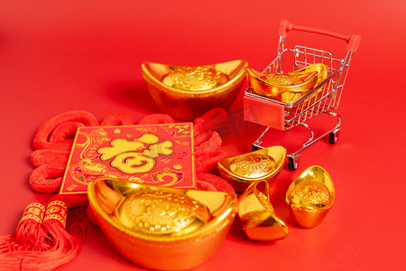 新年过年春节喜庆红包金元宝静物
