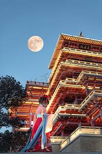 月圆夜月夜满月展旗峰喜庆中国建筑中国建筑赏月摄影图配图