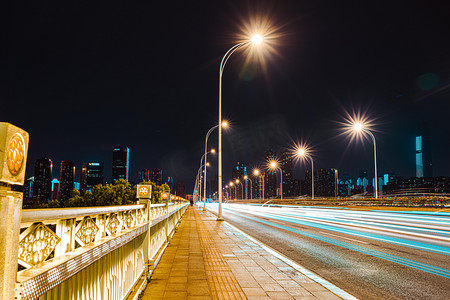 武汉城市建筑夜晚建筑沙湖大桥仰拍光绘摄影图配图