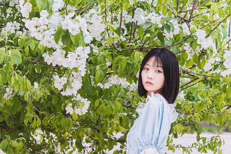 海棠花人像白天人物公园女孩赏花摄影图配图