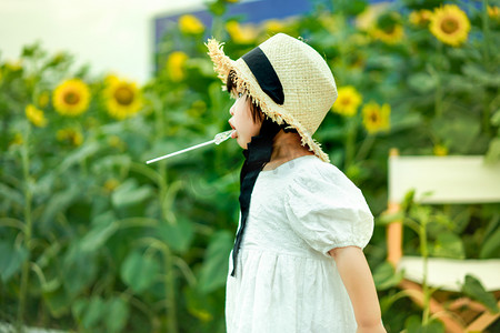 夏天吃糖摄影照片_儿童孩子向日葵女孩傍晚儿童女童户外侧面吃棒棒糖摄影图配图