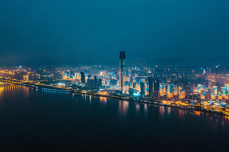 武汉城市建筑地标夜晚606大厦江滩航拍摄影图配图