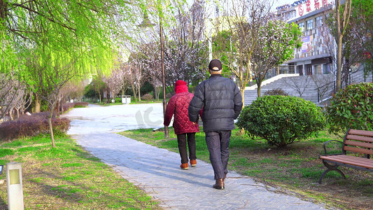 实拍春天两位老人在公园散步