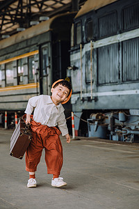 文艺复古儿童白天拎着行李的小男孩户外火车站台跑摄影图配图