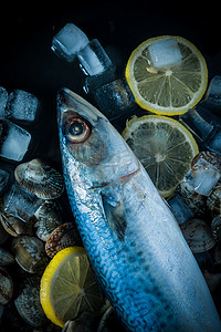 水产鱼摄影照片_海鲜白天鲅鱼和花蛤桌面静物摆拍摄影图配图