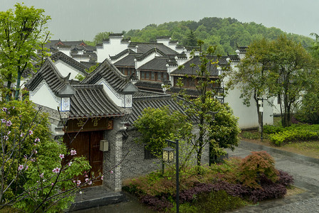 蕲州春雨白天蕲春村落春雨全景摄影图配图