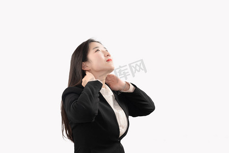 商务金融人物白天女白领办公室手捂颈部摄影图配图
