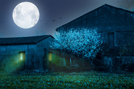 月光下的农村夜晚夜晚房屋农村无摄影图配图
