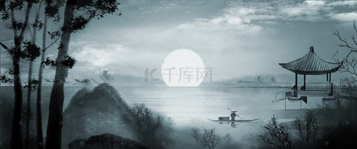 月下亭台山川河流风景