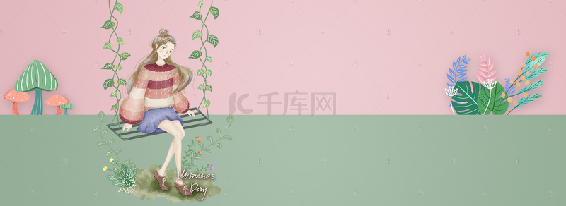 38妇女节手绘几何美女绿色banner