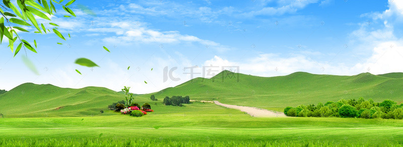 草原牧场背景图片_绿色生态草原蓝天背景