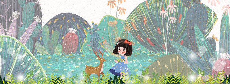 童话森林背景图片_童话风春天孩子和小鹿