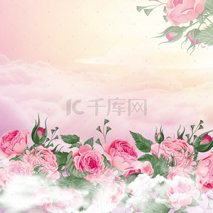 玫瑰背景素材背景图片_花丛白云粉色玫瑰花束花蕾粉色背景素材