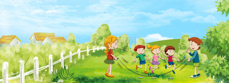 儿童节背景图片_绿色手绘六一儿童节跳绳的小朋友背景