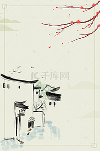 线描建筑背景图片_中国风线描田园屋檐平面广告