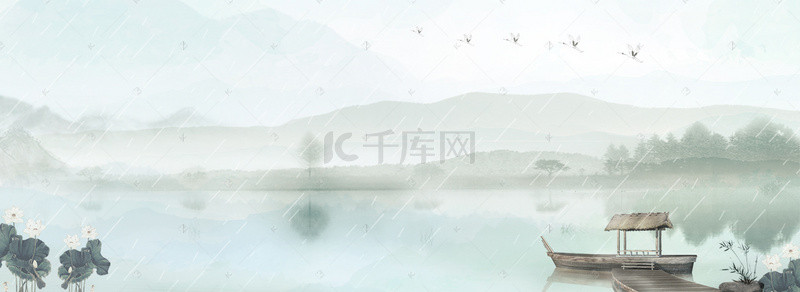扁平手绘背景背景图片_中国古风扁平简约远山远水淘宝背景