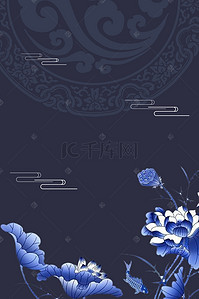 深蓝色中国风牡丹刺绣背景海报