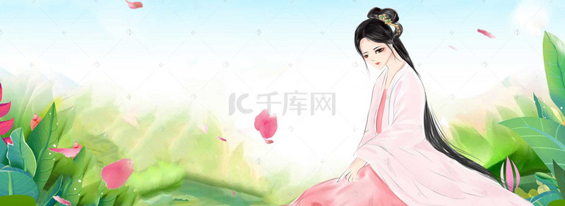 手绘红花背景图片_古典美女春游手绘卡通白色banner