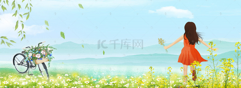 油画春夏背景图片_浅蓝色清新手绘春夏新风尚春天踏青花卉背景