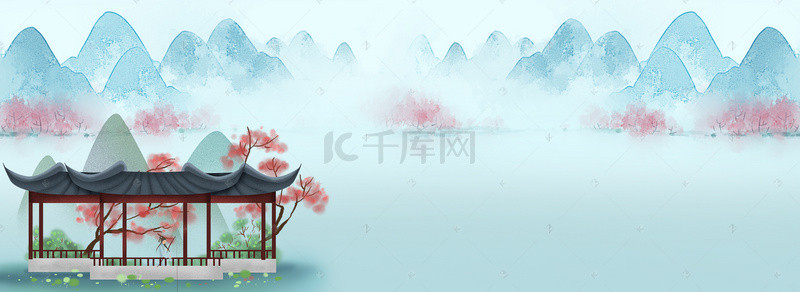 手绘寺庙背景图片_中国风古典建筑海报背景素材