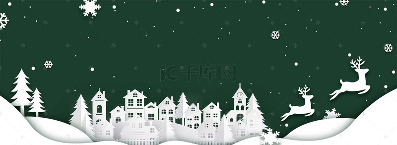 banner圣诞背景图片_圣诞麋鹿雪花绿色剪纸背景banner
