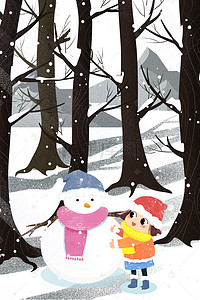 雪人女孩背景图片_森林堆雪人的小女孩插画风海报