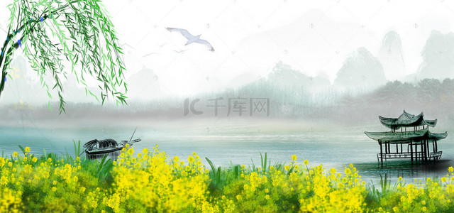 山水墨画背景图片_油菜花水墨画风景图